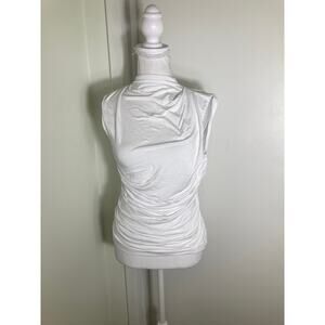 Enza Costa Crisp White Sleeveless Ruched High Neck Shirt Sz S